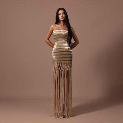 Luxury Gold Color Blocked Strapless Beaded Fringe Dress LA73807 SERENE HILL