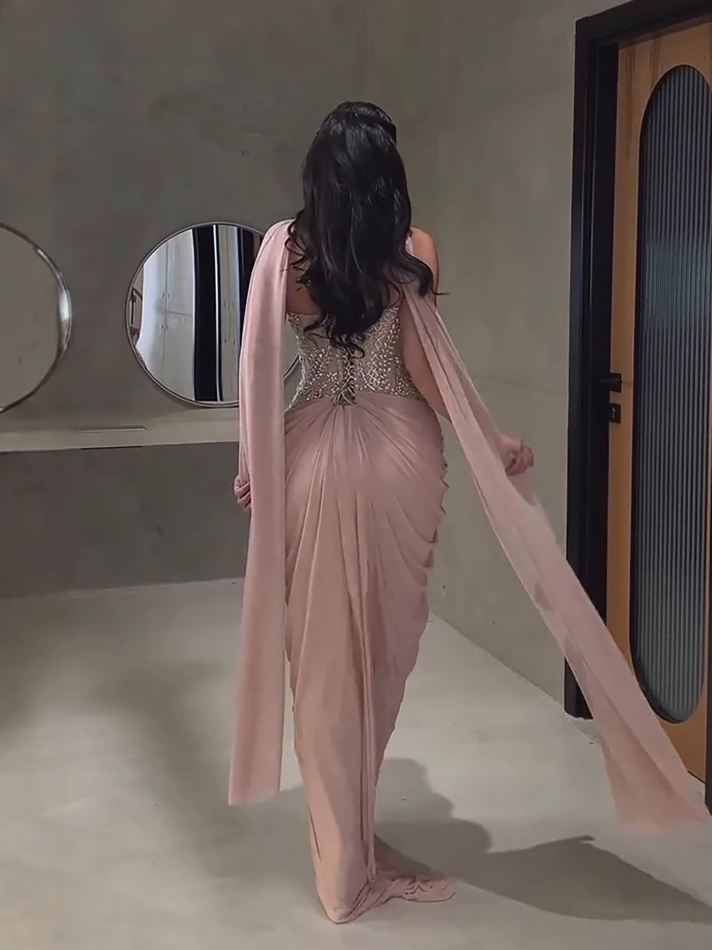 Luxury Nude Tie Back Corset Crystals Evening Gown with Streamer LA73808 SERENE HILL