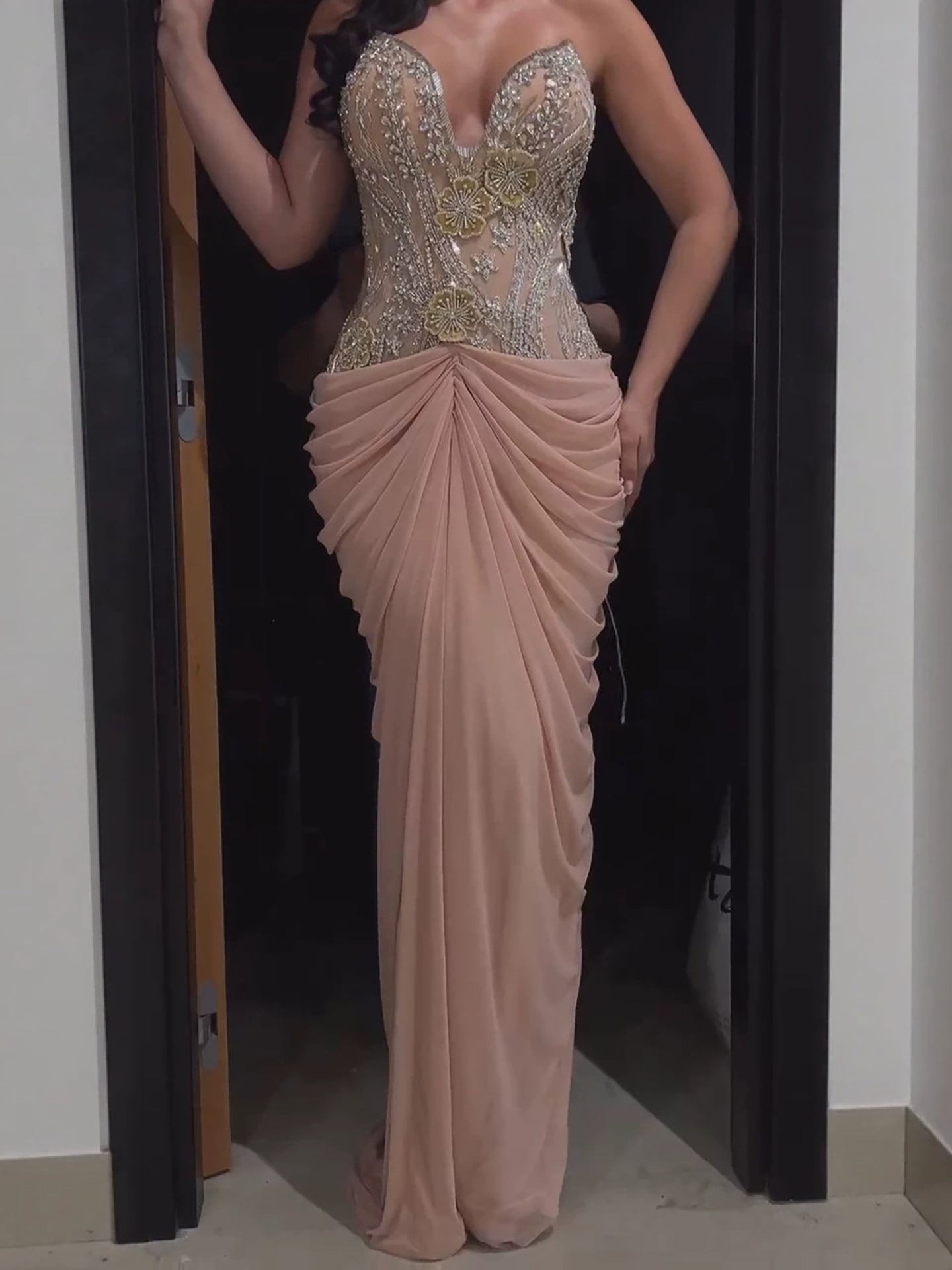 Luxury Nude Tie Back Corset Crystals Evening Gown with Streamer LA73808 SERENE HILL