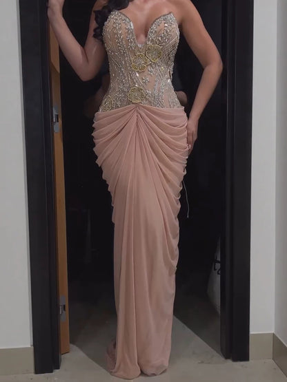 Luxury Nude Tie Back Corset Crystals Evening Gown with Streamer LA73808 SERENE HILL