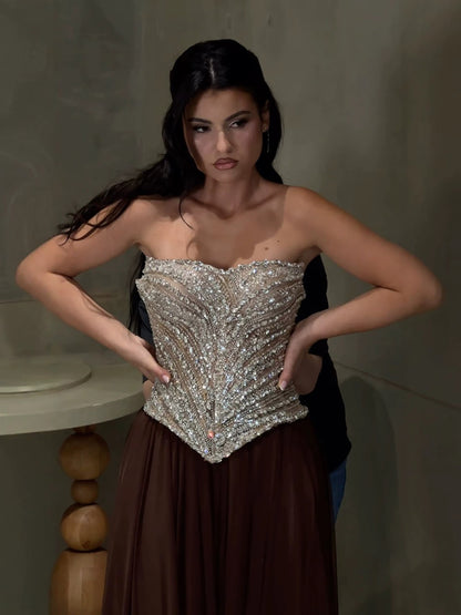 Luxury Brown Strapless Crystal Beaded Corset Evening Dress LA73809 SERENE HILL