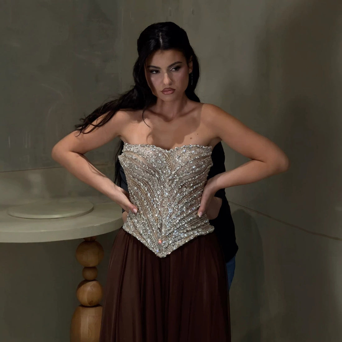 Luxury Brown Strapless Crystal Beaded Corset Evening Dress LA73809 SERENE HILL