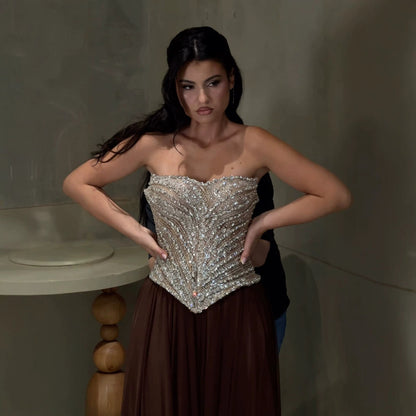 Luxury Brown Strapless Crystal Beaded Corset Evening Dress LA73809 SERENE HILL