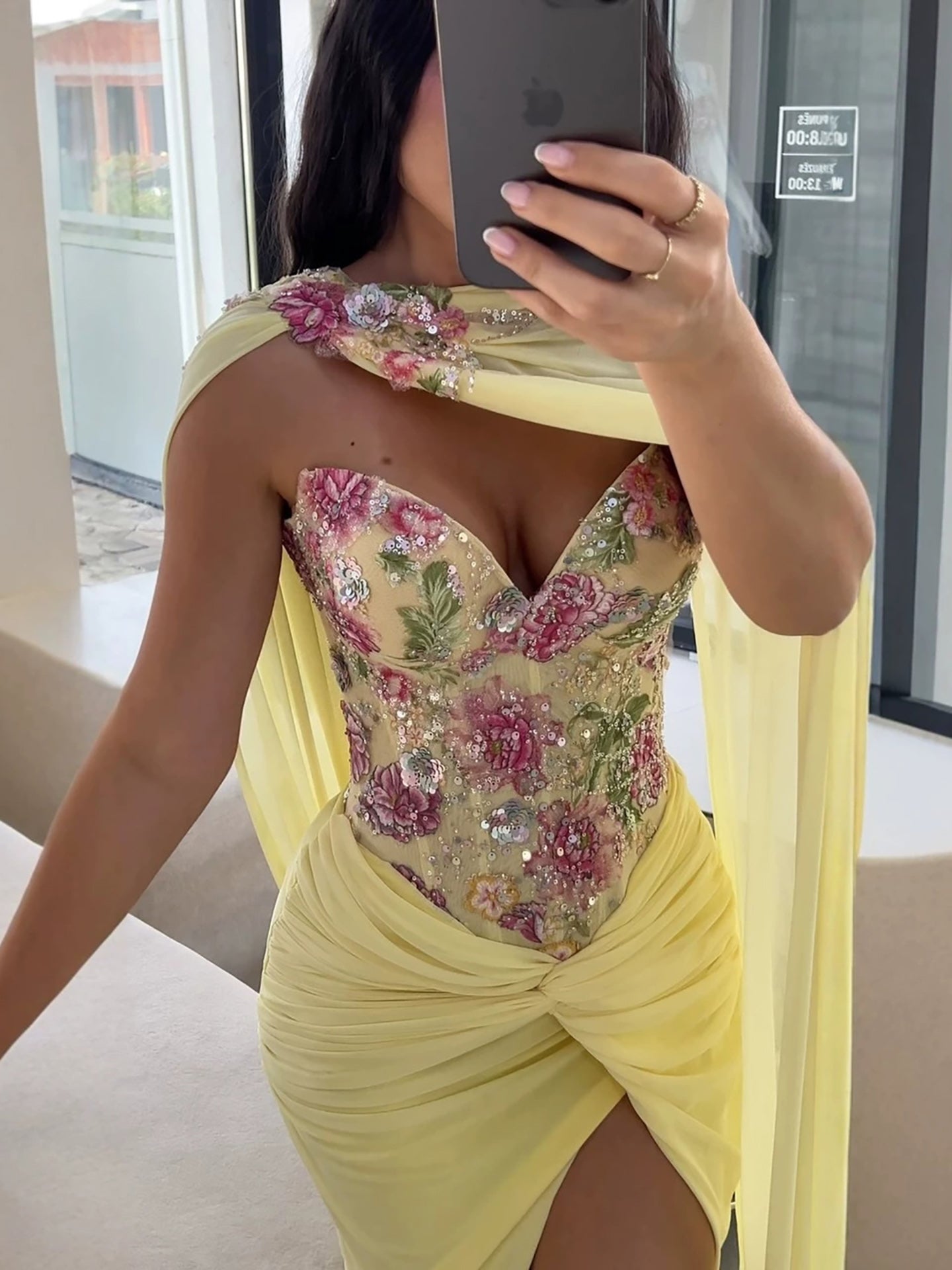 Luxury Yellow Floral Embroidered Corset Evening Gown with Cape LA73810 SERENE HILL