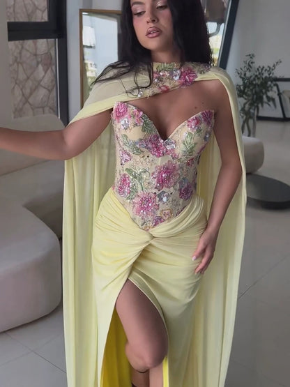 Luxury Yellow Floral Embroidered Corset Evening Gown with Cape LA73810 SERENE HILL
