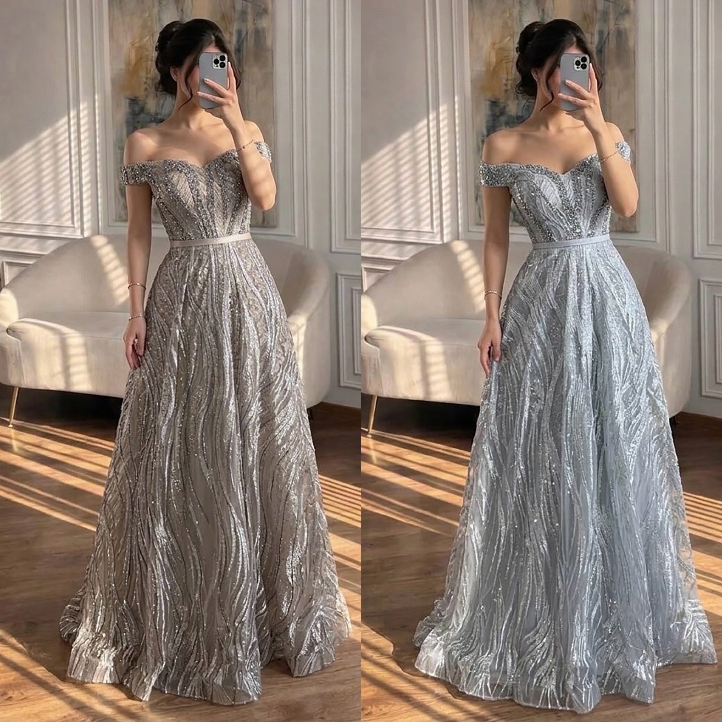 Luxury Caramel Off the Shoulder Beaded A Line Evening Dress LA73811 SERENE HILL