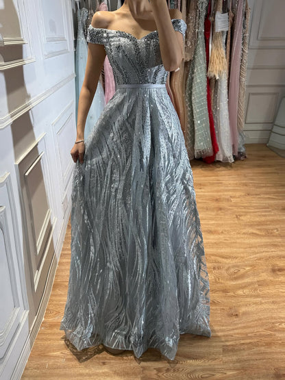 Luxury Caramel Off the Shoulder Beaded A Line Evening Dress LA73811 SERENE HILL