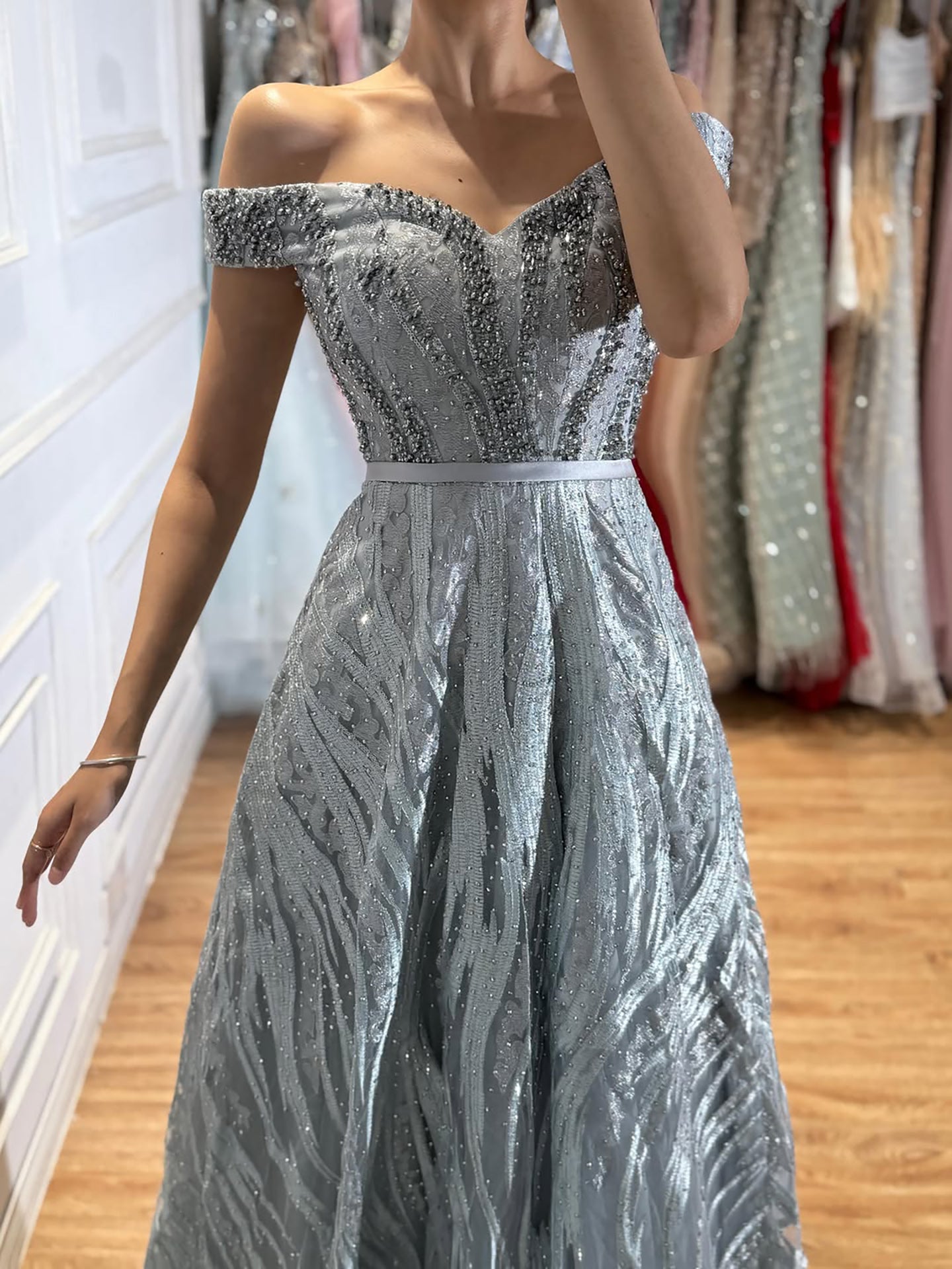 Luxury Caramel Off the Shoulder Beaded A Line Evening Dress LA73811 SERENE HILL