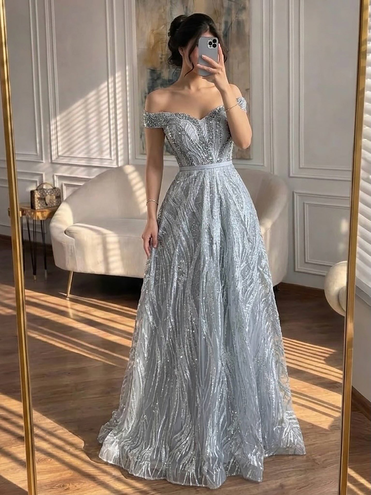 Luxury Caramel Off the Shoulder Beaded A Line Evening Dress LA73811 SERENE HILL