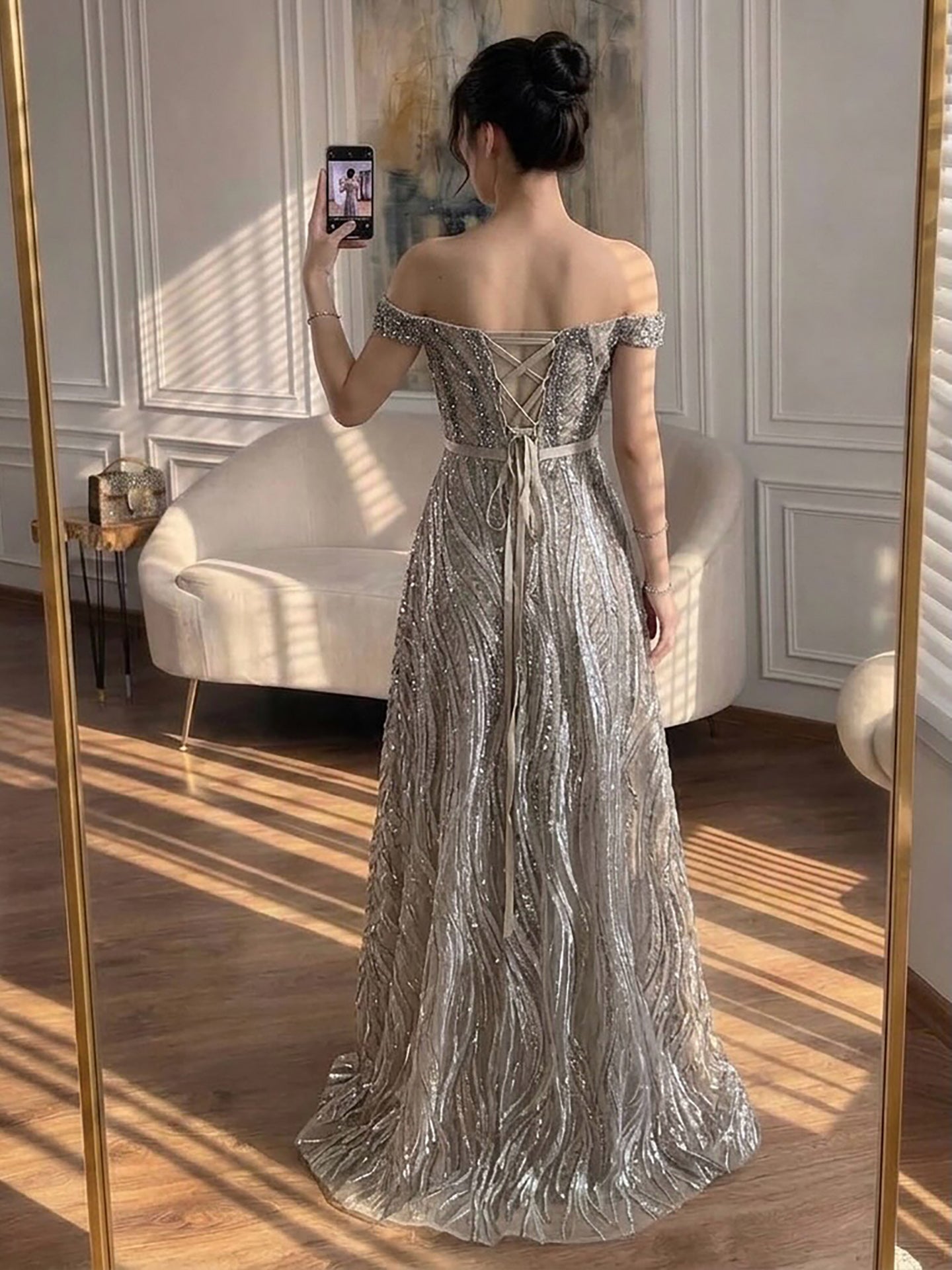 Luxury Caramel Off the Shoulder Beaded A Line Evening Dress LA73811 SERENE HILL
