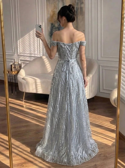Luxury Caramel Off the Shoulder Beaded A Line Evening Dress LA73811 SERENE HILL