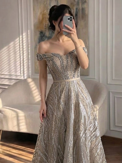 Luxury Caramel Off the Shoulder Beaded A Line Evening Dress LA73811 SERENE HILL