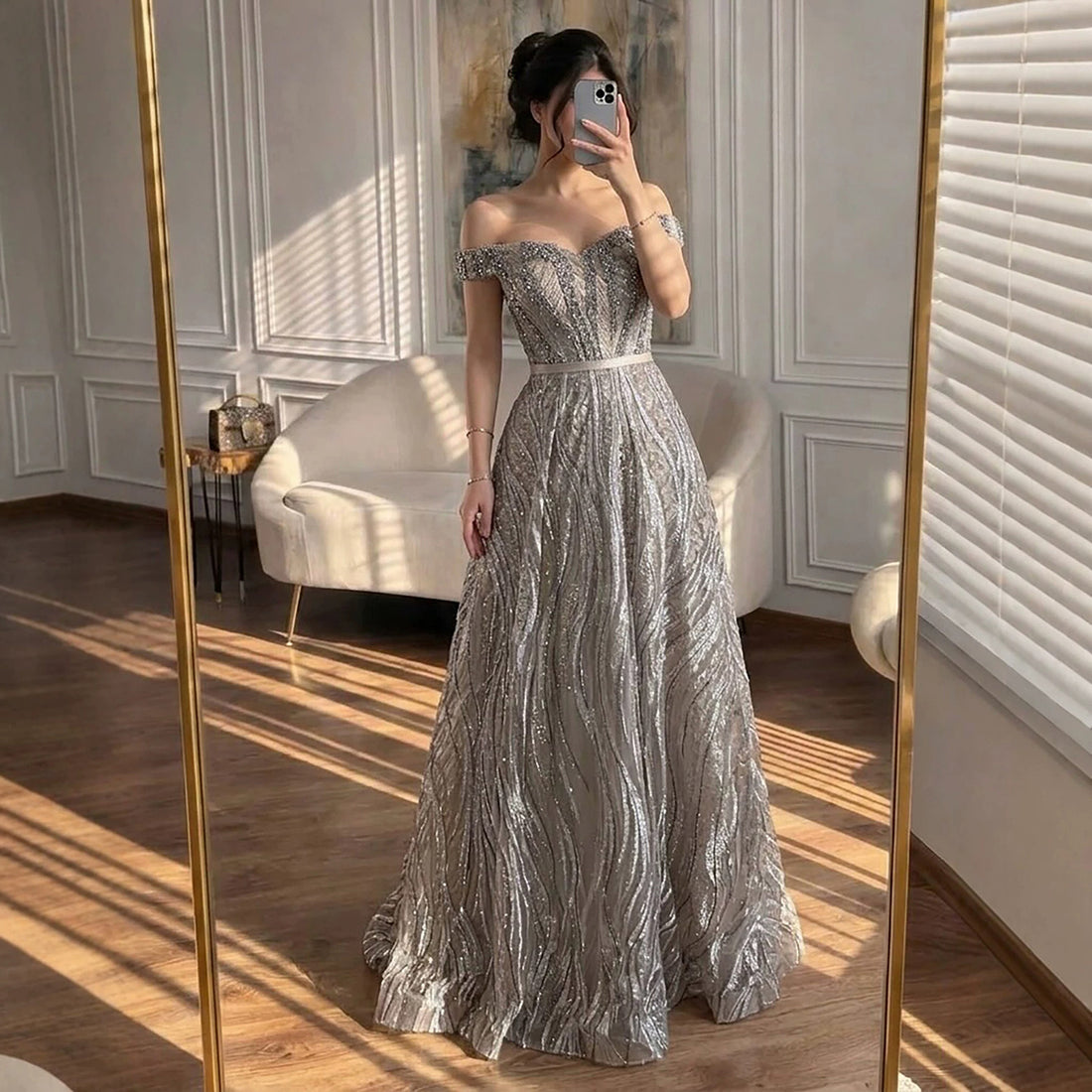 Luxury Caramel Off the Shoulder Beaded A Line Evening Dress LA73811 SERENE HILL