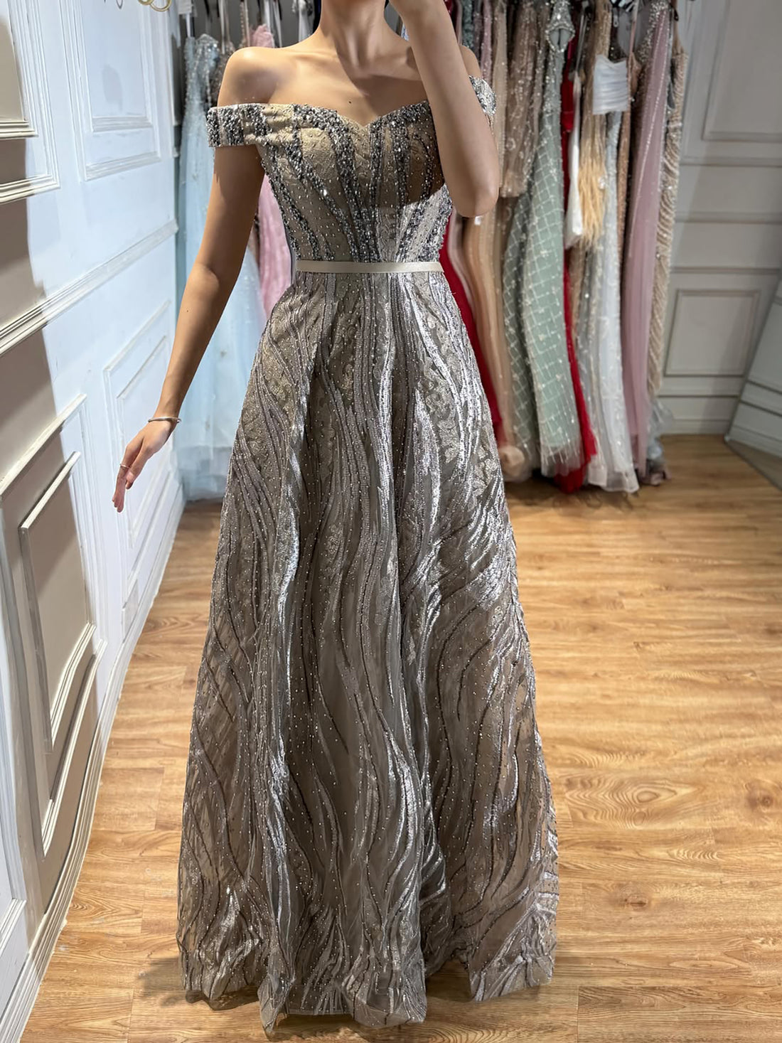 Luxury Caramel Off the Shoulder Beaded A Line Evening Dress LA73811 SERENE HILL
