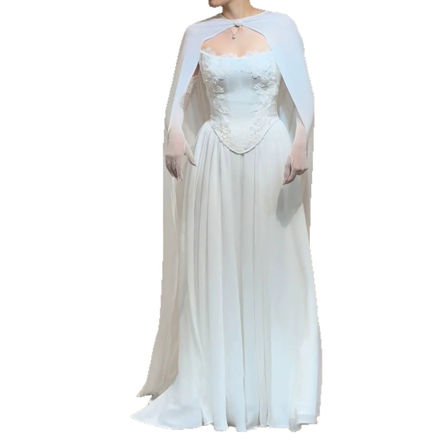 Luxury White Strapless Satin Corset Wedding Gown with Cape LA73813 SERENE HILL