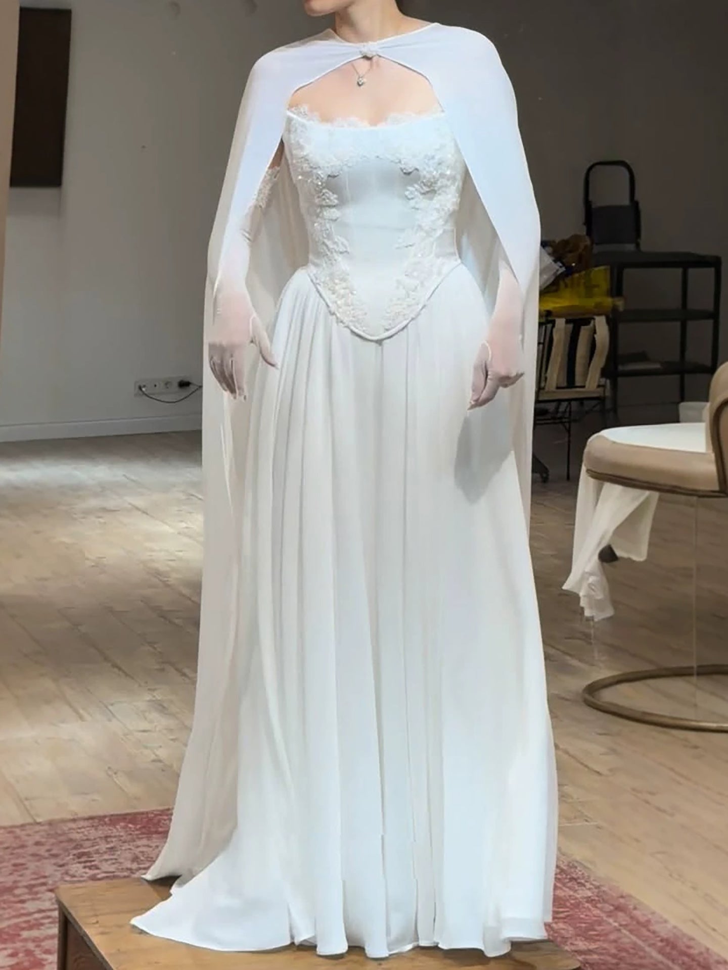 Luxury White Strapless Satin Corset Wedding Gown with Cape LA73813 SERENE HILL