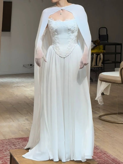 Luxury White Strapless Satin Corset Wedding Gown with Cape LA73813 SERENE HILL