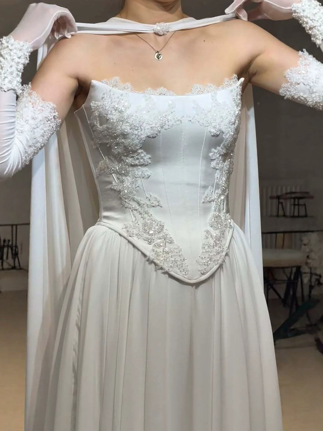 Luxury White Strapless Satin Corset Wedding Gown with Cape LA73813 SERENE HILL