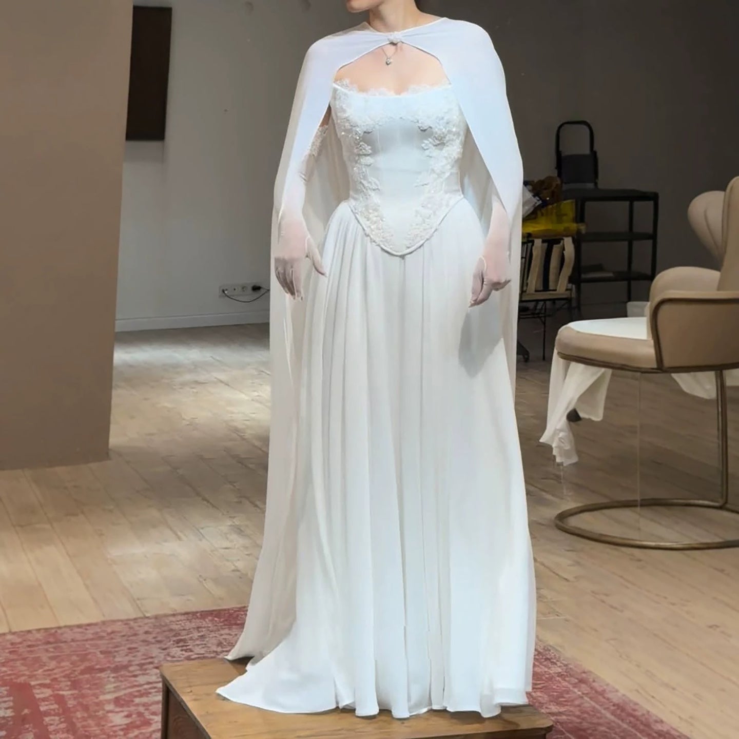 Luxury White Strapless Satin Corset Wedding Gown with Cape LA73813 SERENE HILL