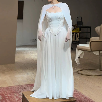 Luxury White Strapless Satin Corset Wedding Gown with Cape LA73813 SERENE HILL