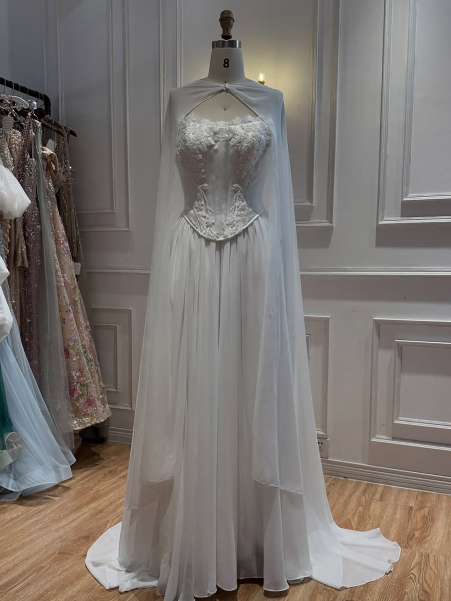 Luxury White Strapless Satin Corset Wedding Gown with Cape LA73813