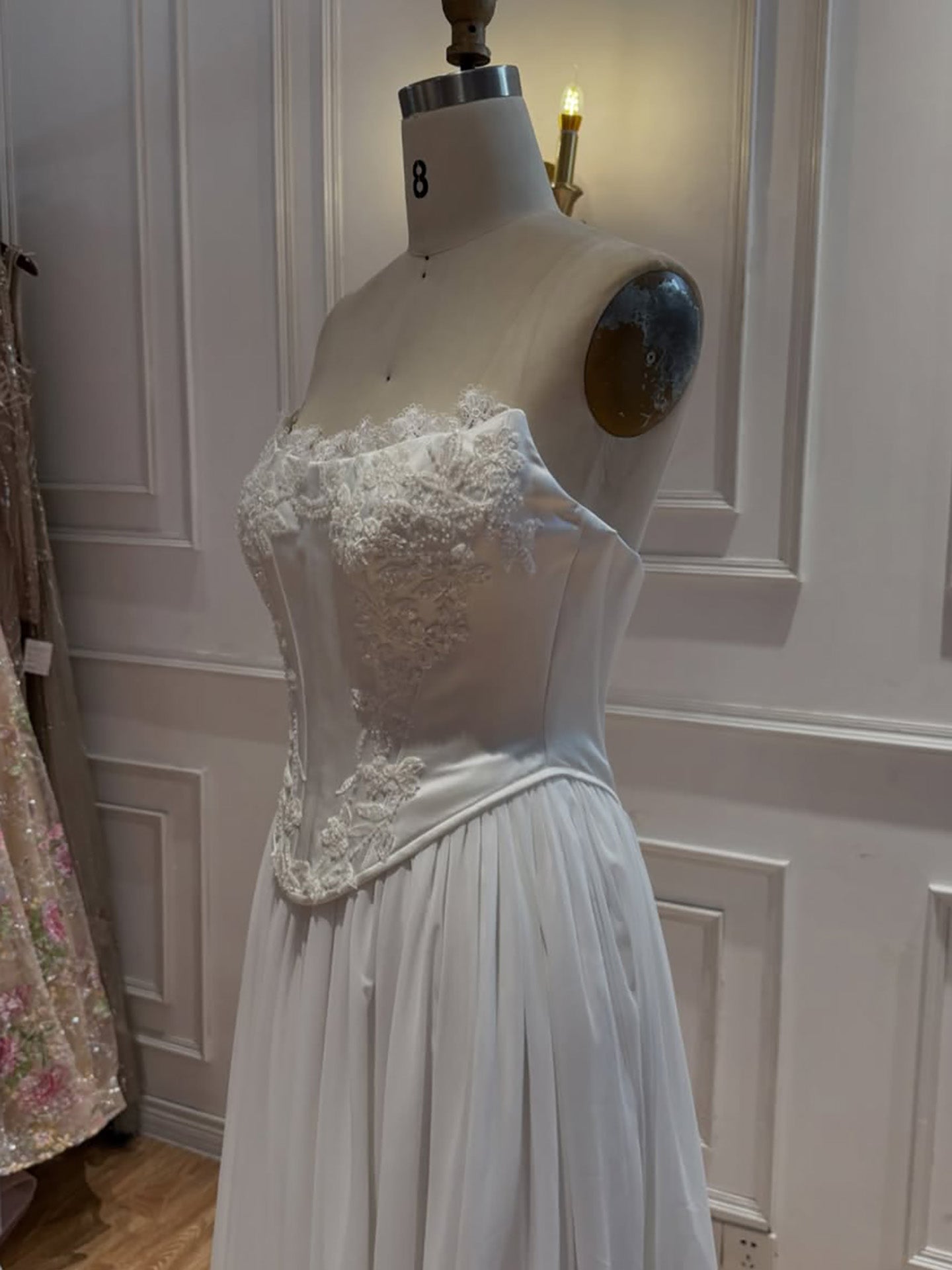 Luxury White Strapless Satin Corset Wedding Gown with Cape LA73813