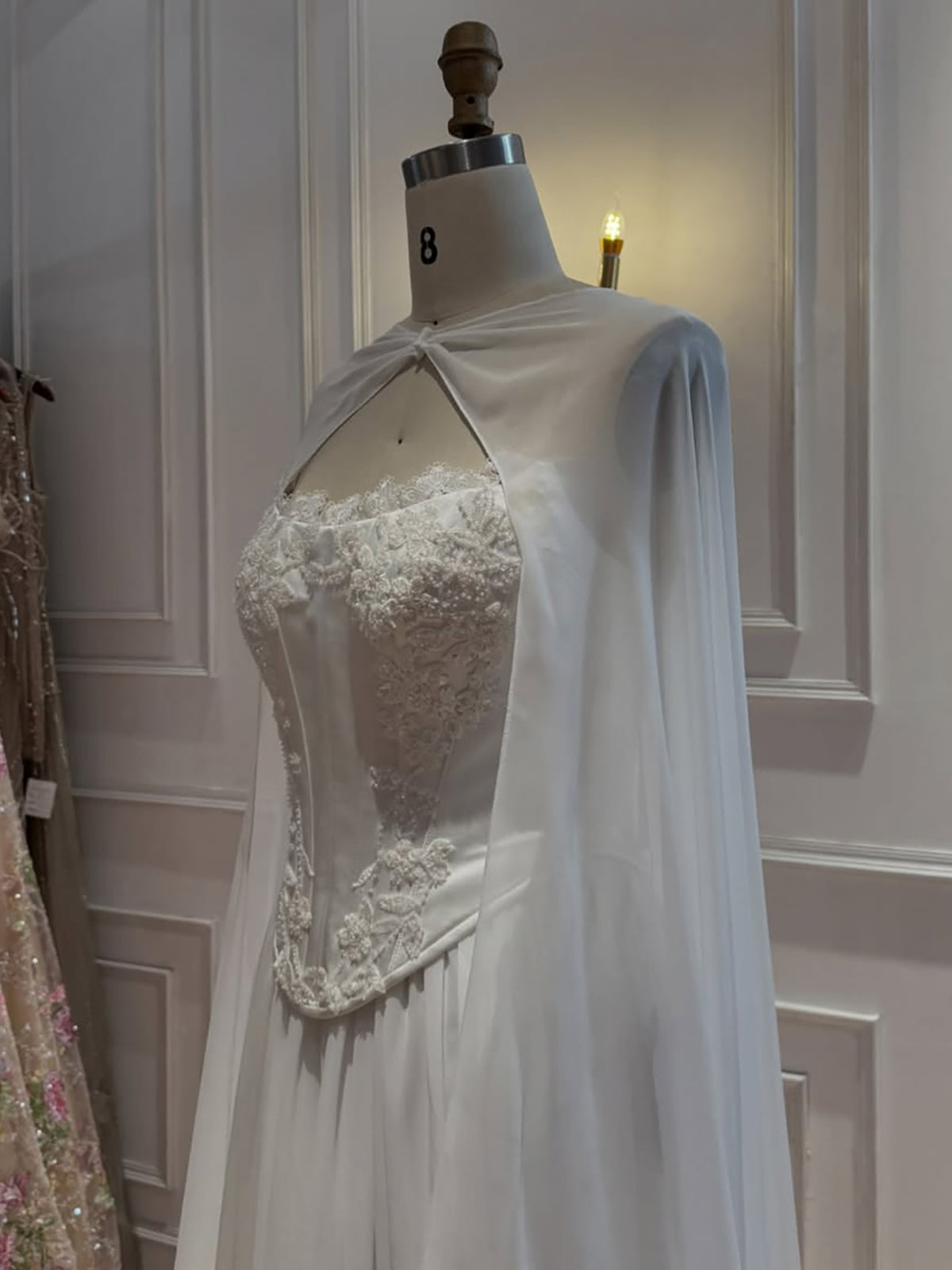 Luxury White Strapless Satin Corset Wedding Gown with Cape LA73813