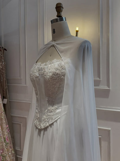 Luxury White Strapless Satin Corset Wedding Gown with Cape LA73813