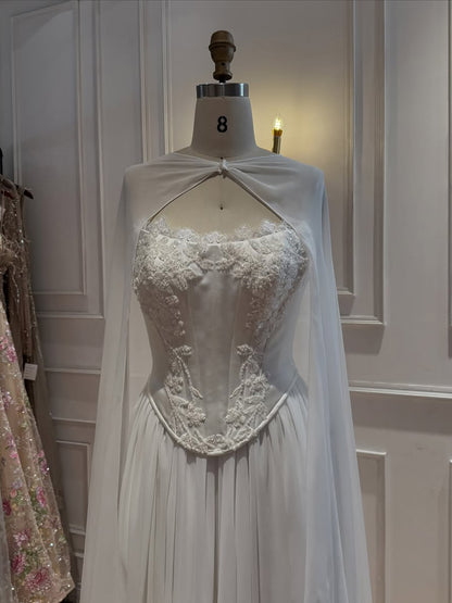 Luxury White Strapless Satin Corset Wedding Gown with Cape LA73813