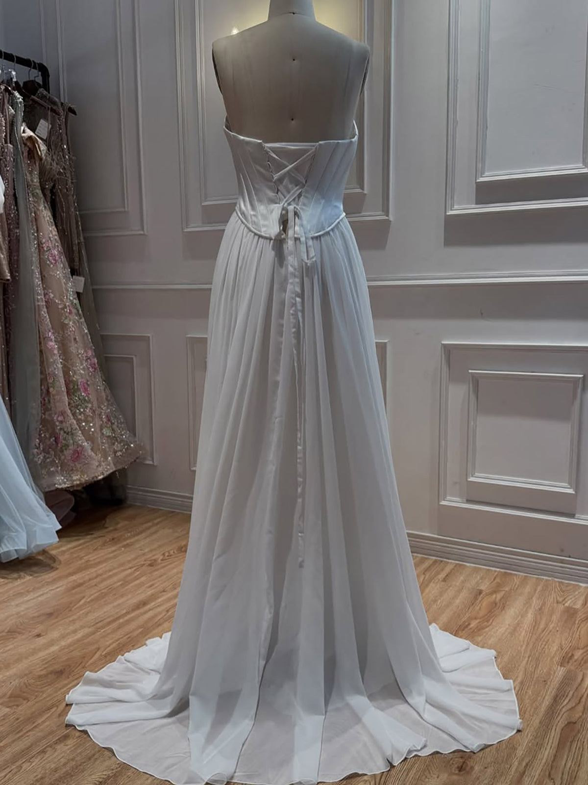 Luxury White Strapless Satin Corset Wedding Gown with Cape LA73813