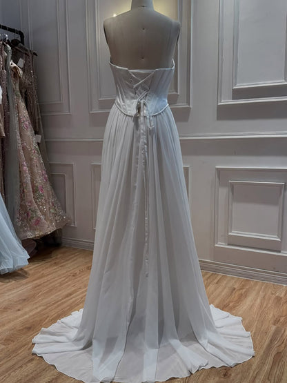 Luxury White Strapless Satin Corset Wedding Gown with Cape LA73813