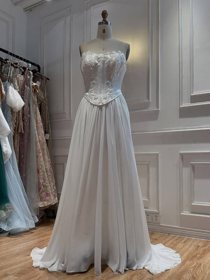 Luxury White Strapless Satin Corset Wedding Gown with Cape LA73813