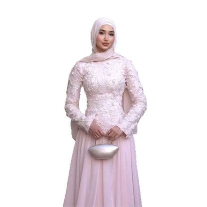 Luxury Pink High Neck 3D Floral Long Sleeve Muslim Wedding Dress LA73814 SERENE HILL