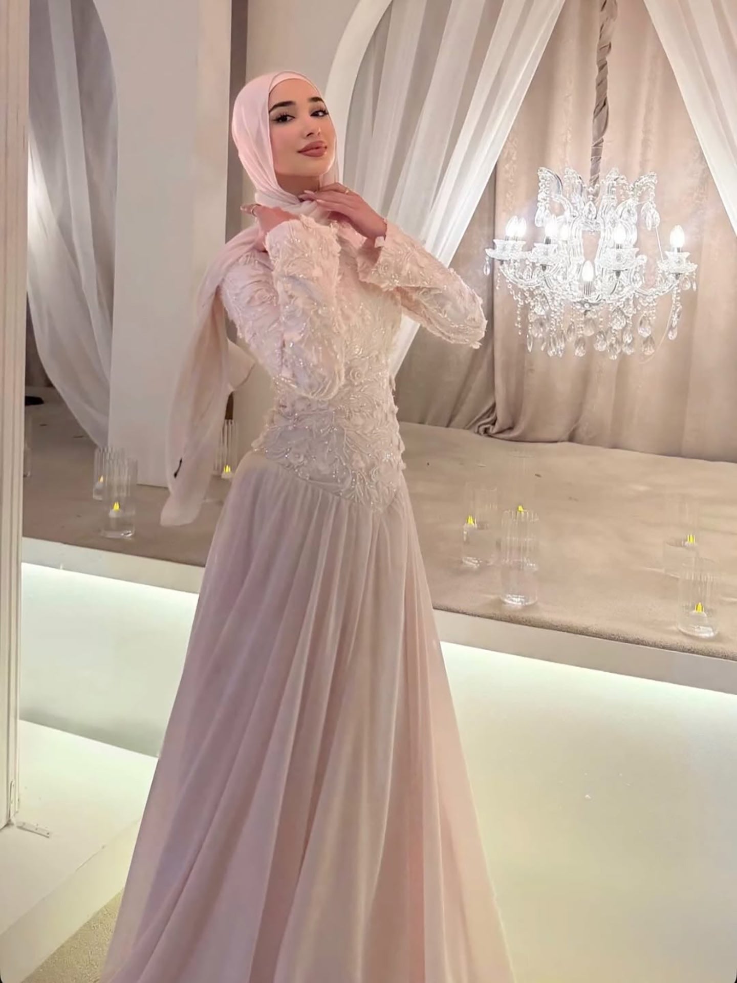 long sleeve muslim wedding dress High Collar Beading Appliques Lace Full Sleeves Muslim Wedding Dresses