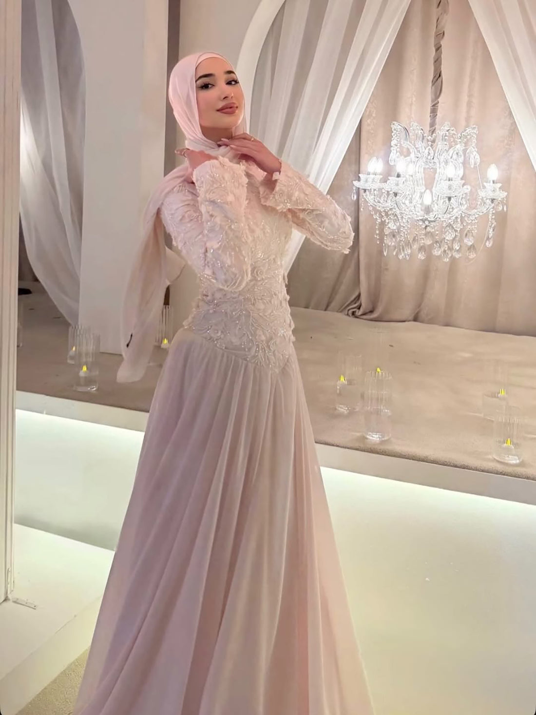 Luxury Pink High Neck 3D Floral Long Sleeve Muslim Wedding Dress LA73814 SERENE HILL
