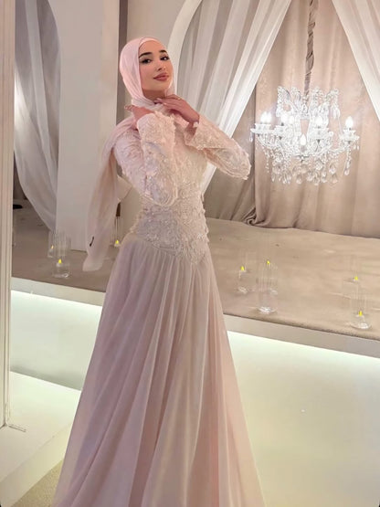 Luxury Pink High Neck 3D Floral Long Sleeve Muslim Wedding Dress LA73814 SERENE HILL