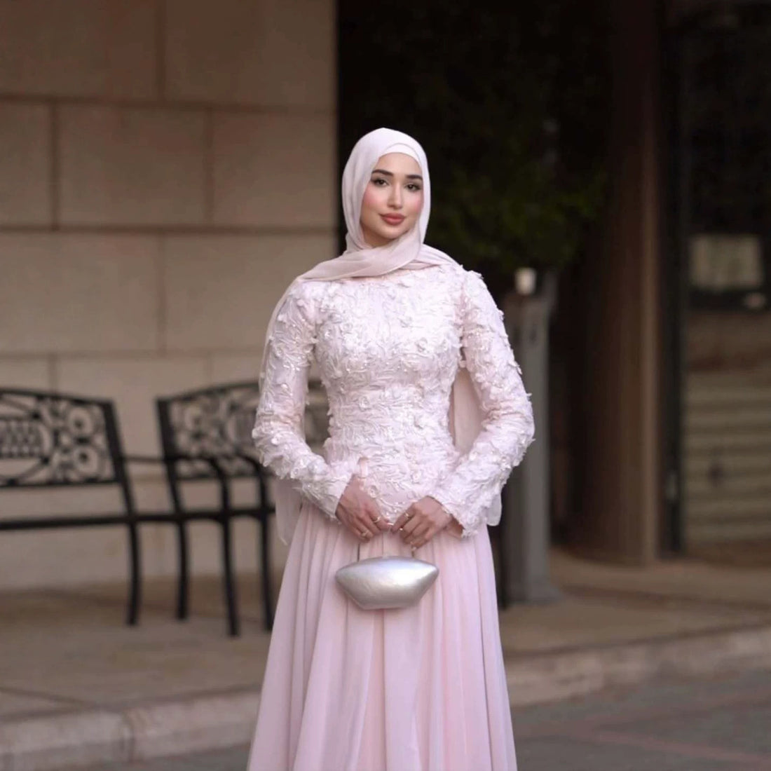 Luxury Pink High Neck 3D Floral Long Sleeve Muslim Wedding Dress LA73814 SERENE HILL