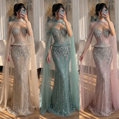 Luxury Nude Crystal Beaded Mermaid Gown with High Neck Cape LA73816 SERENE HILL