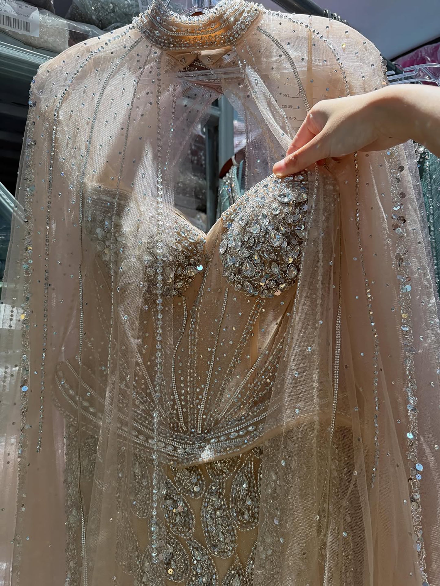Luxury Nude Crystal Beaded Mermaid Gown with High Neck Cape LA73816 SERENE HILL