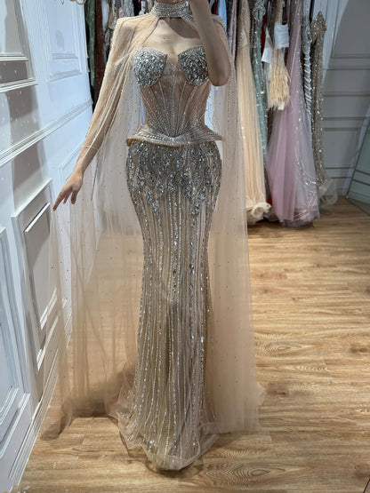 Luxury Nude Crystal Beaded Mermaid Gown with High Neck Cape LA73816 SERENE HILL