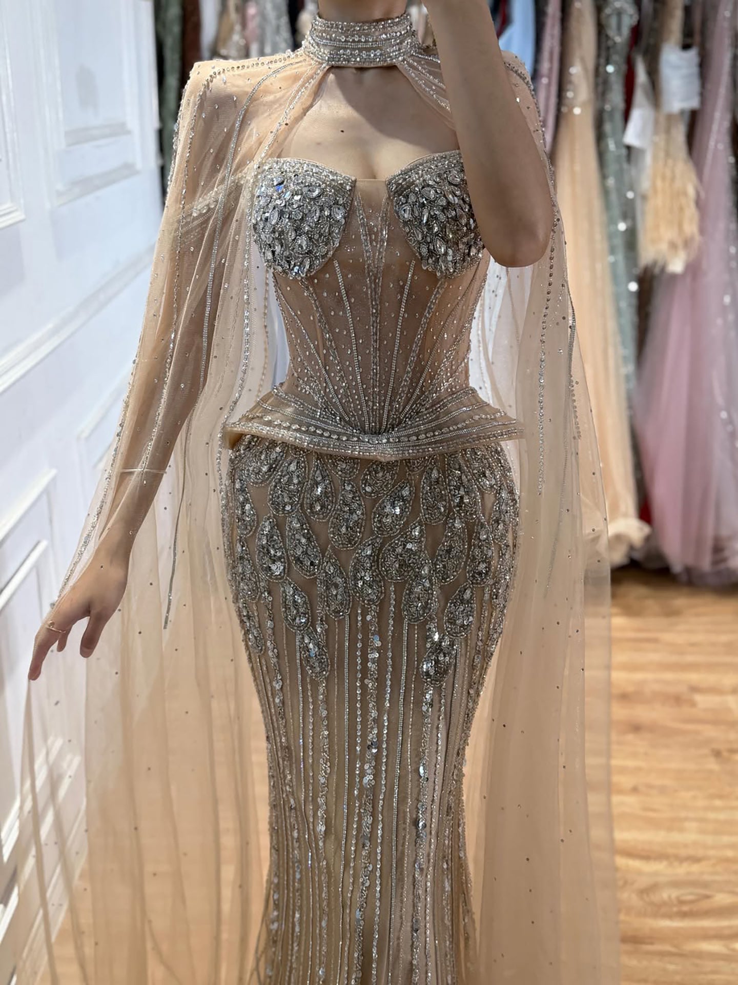 Luxury Nude Crystal Beaded Mermaid Gown with High Neck Cape LA73816 SERENE HILL