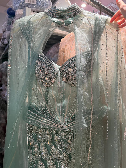 Luxury Nude Crystal Beaded Mermaid Gown with High Neck Cape LA73816 SERENE HILL