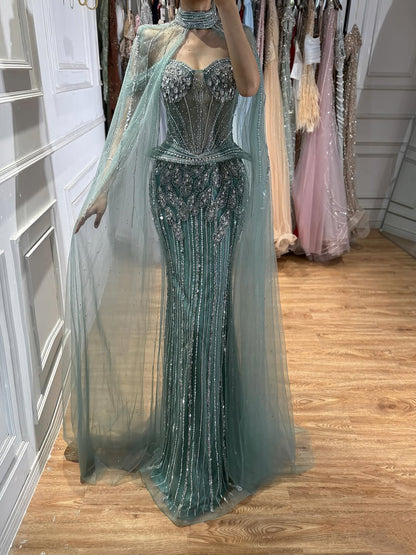 Luxury Nude Crystal Beaded Mermaid Gown with High Neck Cape LA73816 SERENE HILL