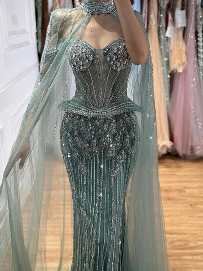 Luxury Nude Crystal Beaded Mermaid Gown with High Neck Cape LA73816 SERENE HILL