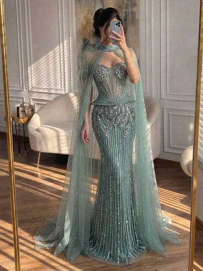 Luxury Nude Crystal Beaded Mermaid Gown with High Neck Cape LA73816 SERENE HILL