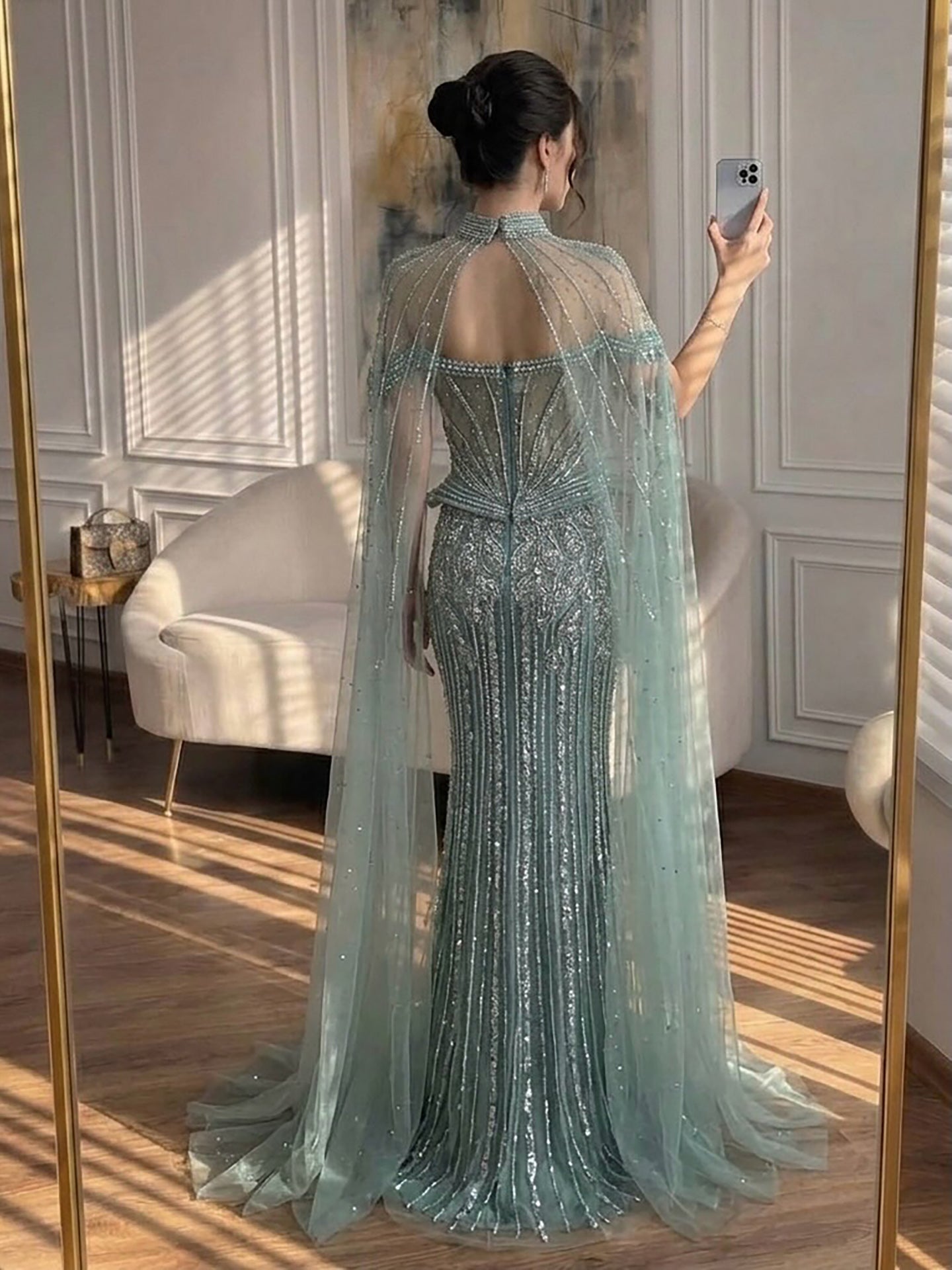 Luxury Nude Crystal Beaded Mermaid Gown with High Neck Cape LA73816 SERENE HILL