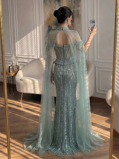 Luxury Nude Crystal Beaded Mermaid Gown with High Neck Cape LA73816 SERENE HILL