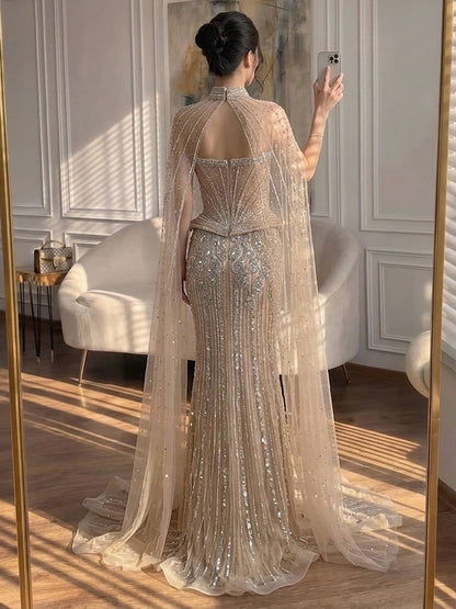 Luxury Nude Crystal Beaded Mermaid Gown with High Neck Cape LA73816 SERENE HILL