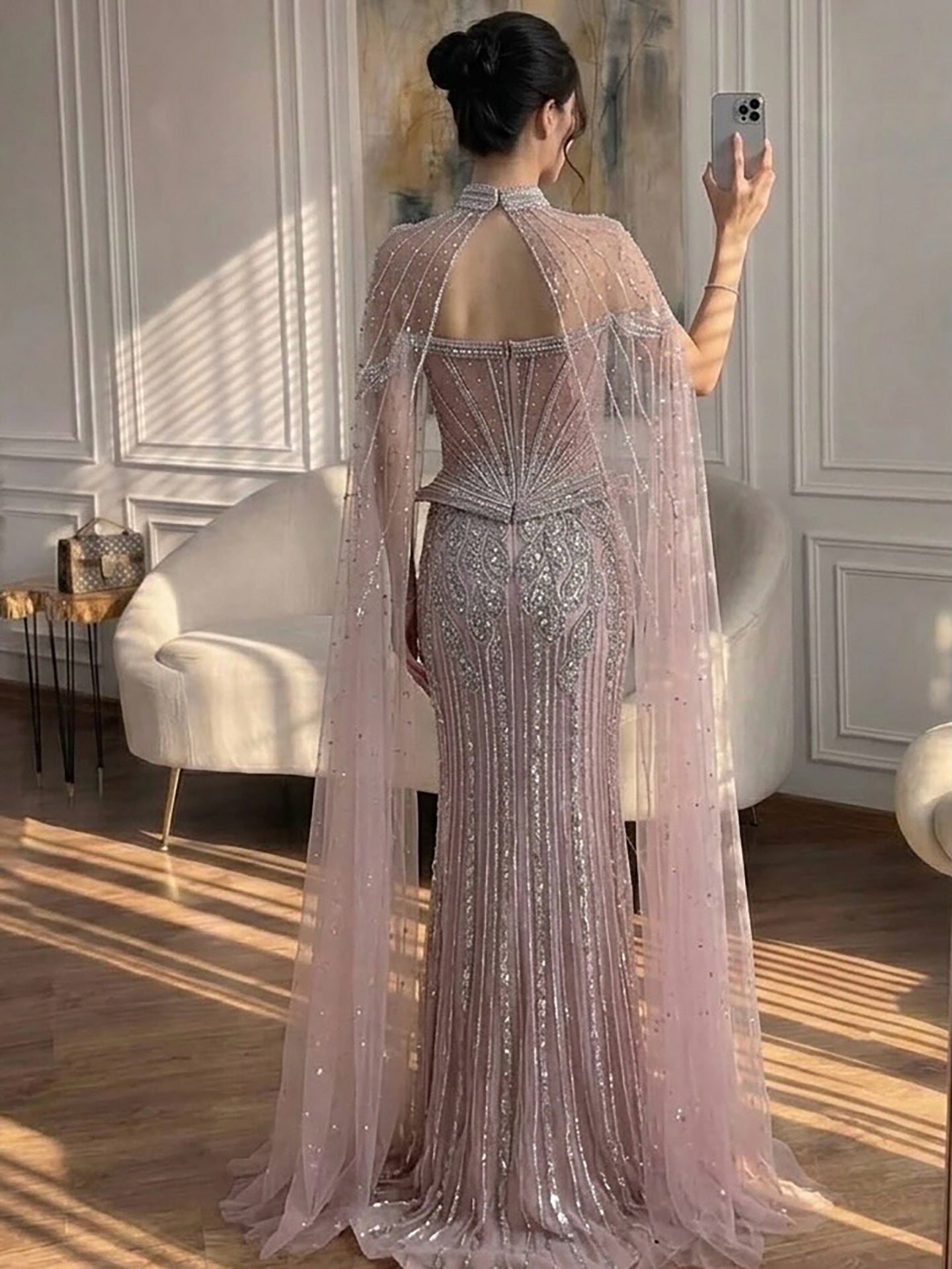 Luxury Nude Crystal Beaded Mermaid Gown with High Neck Cape LA73816 SERENE HILL