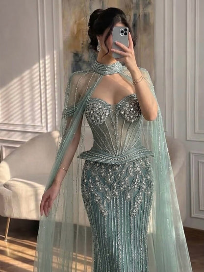 Luxury Nude Crystal Beaded Mermaid Gown with High Neck Cape LA73816 SERENE HILL